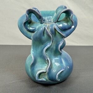 Turquoise Blue‎ Ceramic Bow Vase Vintage Studio Pottery Unique Accent Decor